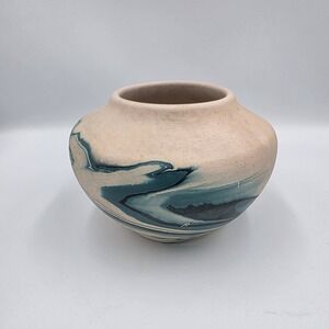 Vintage Nemadji Indian Pottery Clay Pot Teal & Black Swirls Southwest USA *READ*